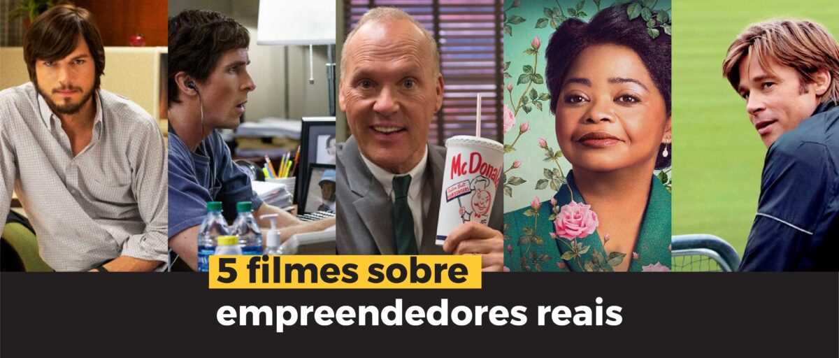 Imagem de cinco diferentes personagens e o título 5 filmes sobre empreendedores reais