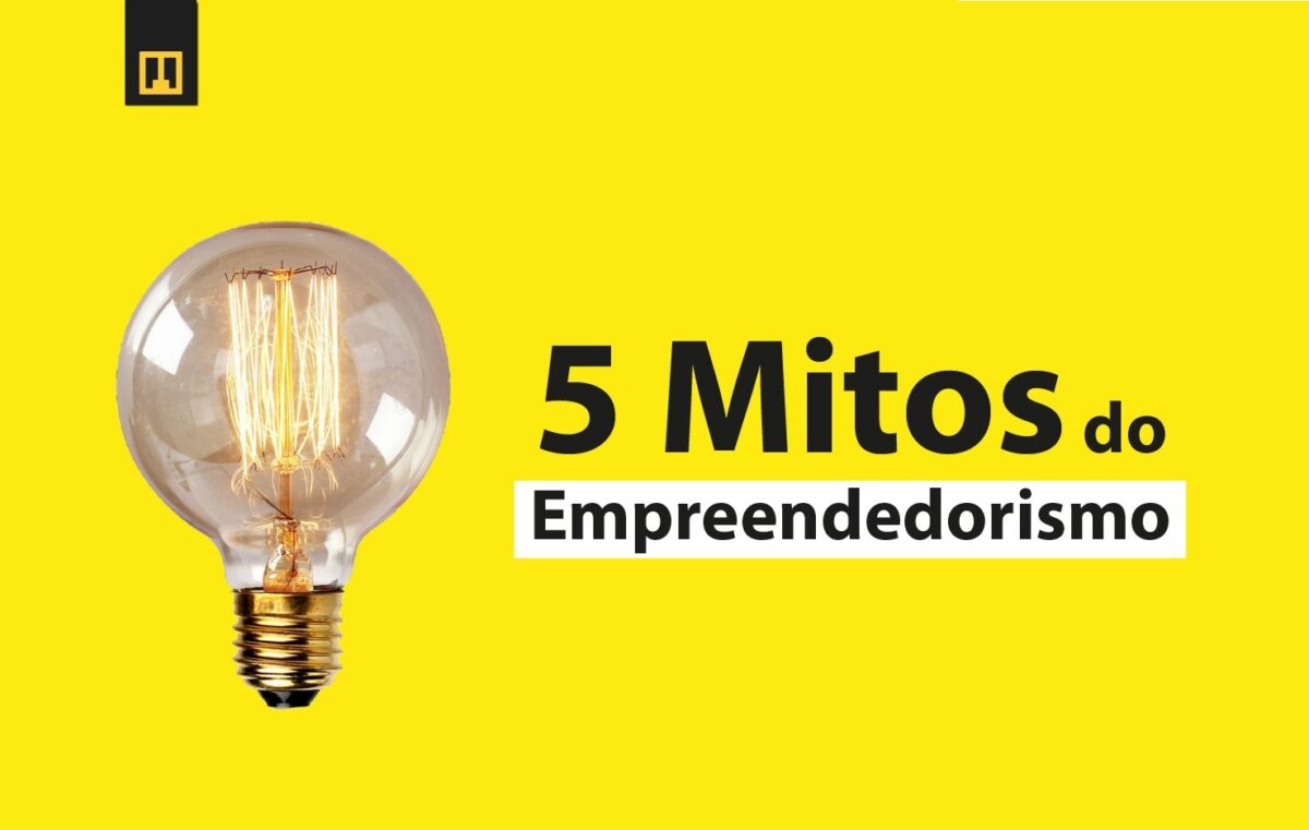 Foto de uma Lâmpada acesa com a frase " 5 mitos do empreendedorismo", tudo sobre um fundo amarelo brilhante